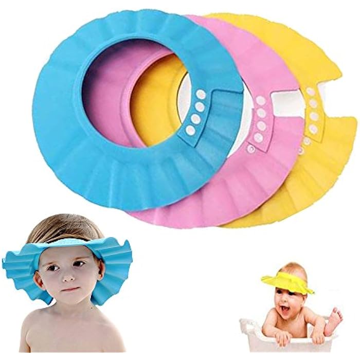 Baby Shower Cap, Adjustable Waterproof Bath Cap Visor Hat Shower Bathing Protection Soft Cap for Children Baby Kids Set of 3(Pink, Blue, Yellow) - Image 1